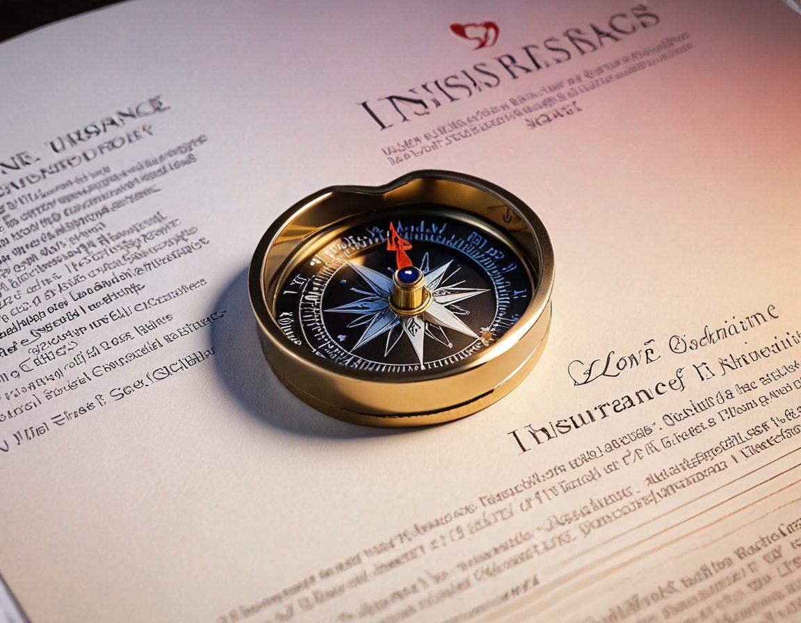 A heart-shaped compass resting on an open insurance policy document, symbolizing guidance in love and protection. Surround the compass with soft, glowing lights that emit warmth, representing intimacy and connection. Include subtle elements like intertwined hands or silhouettes of couples in the background, enhancing the theme of love and security. Create a dreamy, romantic atmosphere with a gradient sunset sky. super-realistic. vibrant colors. soft focus.
