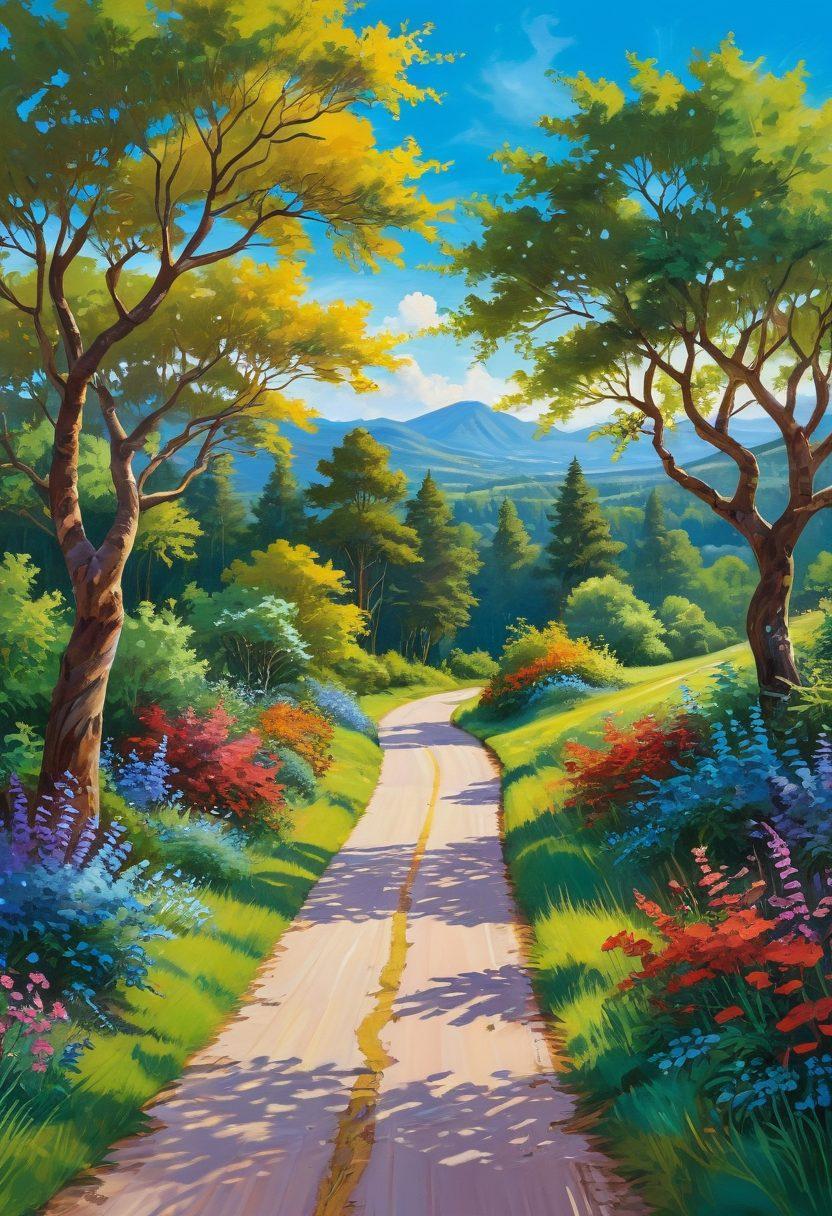 A couple navigating a winding road with heart-shaped signposts representing different insurance services, surrounded by lush greenery under a bright blue sky. The scene is infused with elements of passion and protection, with insurance symbols playfully woven into the landscape. Add a warm color palette to evoke a sense of comfort and companionship. vibrant colors. painting.