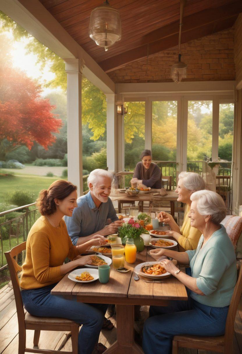 A heartwarming scene depicting diverse couples in various stages of life - young lovers, a family with children, and a senior couple, all engaged in activities that represent love and security, such as sharing a meal, playing together, and smiling at each other. The background features subtle symbols of insurance, like a shield and a home, blending seamlessly into the environment. The color palette is warm and inviting, evoking feelings of safety and connection. super-realistic. vibrant colors. 3D.